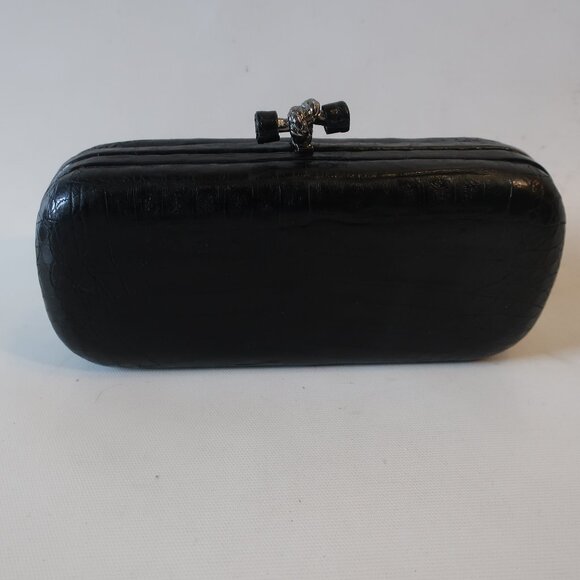 Womens Bloomingdale's Black Croc Embossed Leather Pochette Notch Clutch Handbag - Picture 1 of 12